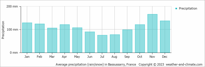 Average monthly rainfall, snow, precipitation in Bassussarry, France