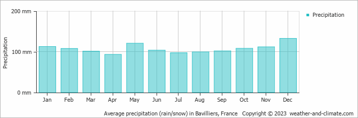 Average monthly rainfall, snow, precipitation in Bavilliers, France