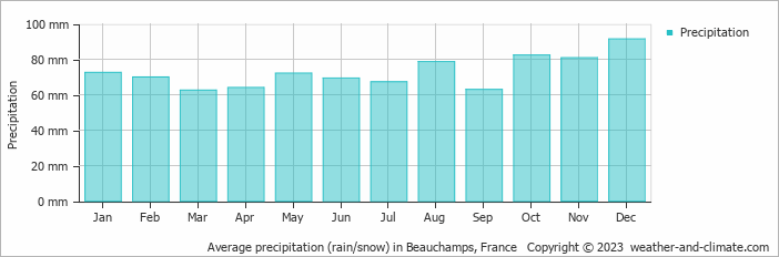 Average monthly rainfall, snow, precipitation in Beauchamps, France
