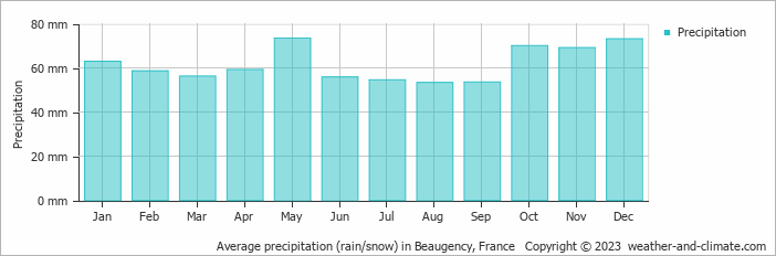 Average monthly rainfall, snow, precipitation in Beaugency, France
