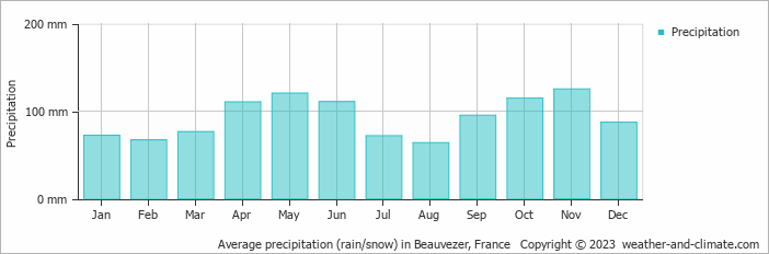 Average monthly rainfall, snow, precipitation in Beauvezer, France