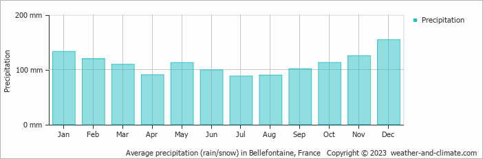Average monthly rainfall, snow, precipitation in Bellefontaine, France