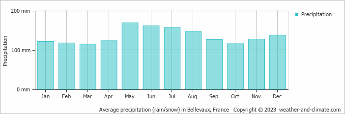 Average monthly rainfall, snow, precipitation in Bellevaux, France