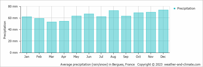 Average monthly rainfall, snow, precipitation in Bergues, France
