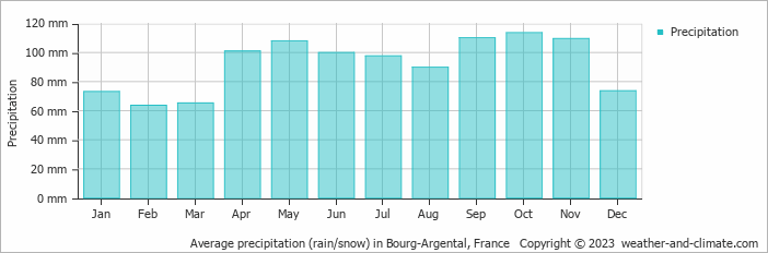 Average monthly rainfall, snow, precipitation in Bourg-Argental, France