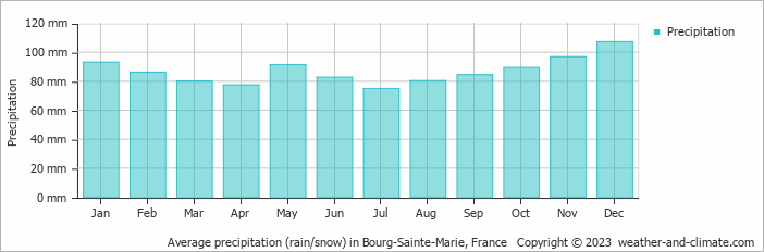 Average monthly rainfall, snow, precipitation in Bourg-Sainte-Marie, France