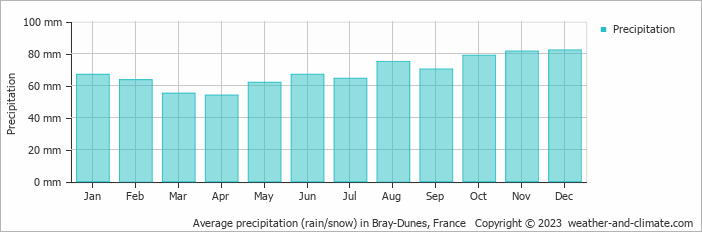 Average monthly rainfall, snow, precipitation in Bray-Dunes, France
