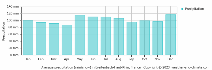 Average monthly rainfall, snow, precipitation in Breitenbach-Haut-Rhin, 