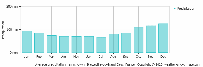 Average monthly rainfall, snow, precipitation in Bretteville-du-Grand Caux, France