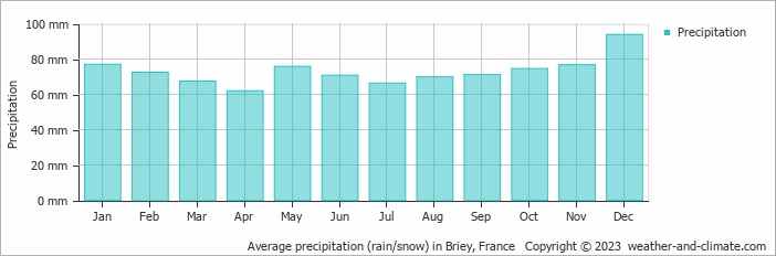 Average monthly rainfall, snow, precipitation in Briey, France