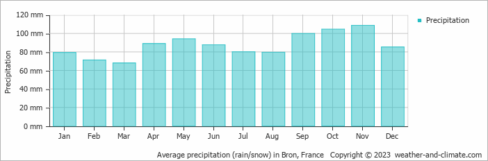 Average monthly rainfall, snow, precipitation in Bron, France