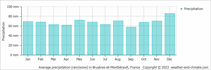 Average monthly rainfall, snow, precipitation in Bruyères-et-Montbérault, France