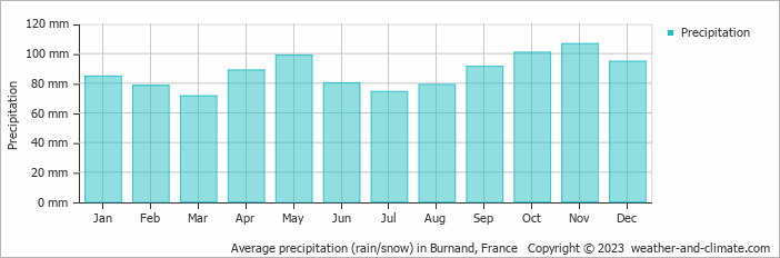 Average monthly rainfall, snow, precipitation in Burnand, France