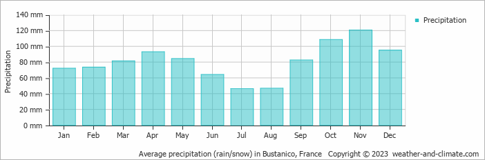 Average monthly rainfall, snow, precipitation in Bustanico, France