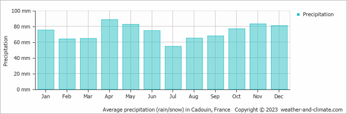 Average monthly rainfall, snow, precipitation in Cadouin, France