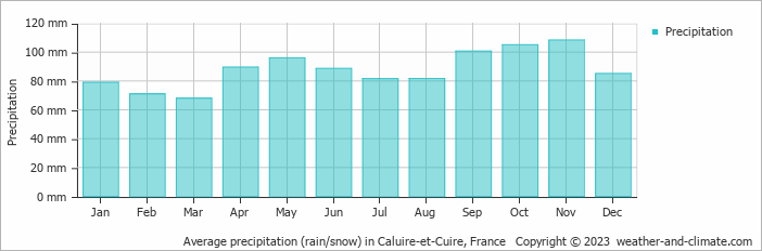 Average monthly rainfall, snow, precipitation in Caluire-et-Cuire, France