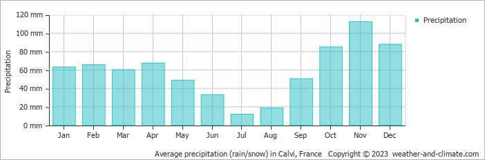Average monthly rainfall, snow, precipitation in Calvi, France