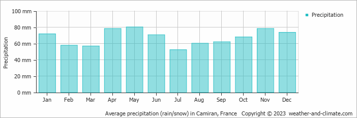Average monthly rainfall, snow, precipitation in Camiran, France