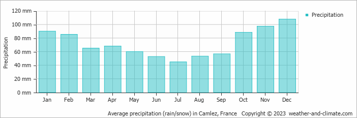 Average monthly rainfall, snow, precipitation in Camlez, 