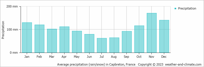 Average monthly rainfall, snow, precipitation in Capbreton, 