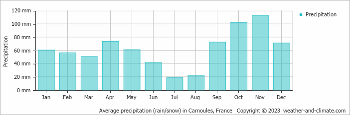 Average monthly rainfall, snow, precipitation in Carnoules, France