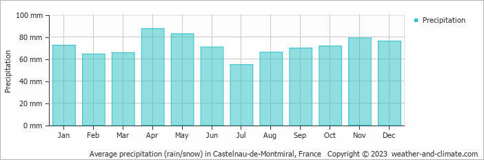 Average monthly rainfall, snow, precipitation in Castelnau-de-Montmiral, France