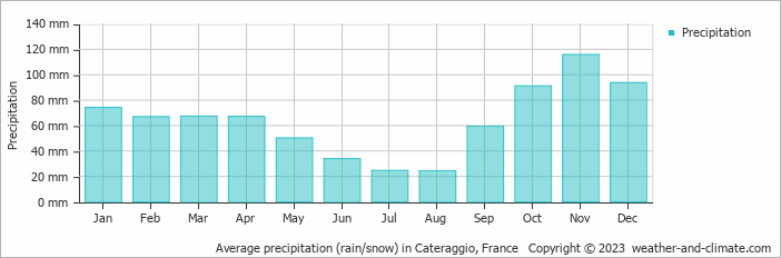 Average monthly rainfall, snow, precipitation in Cateraggio, France