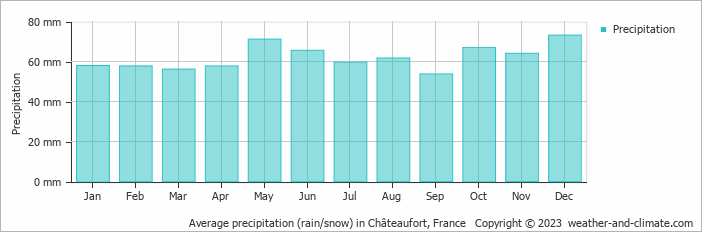 Average monthly rainfall, snow, precipitation in Châteaufort, France
