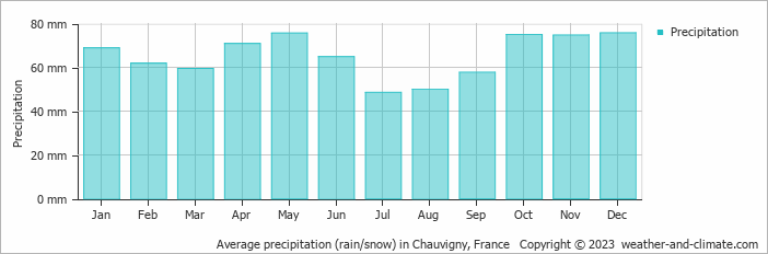 Average monthly rainfall, snow, precipitation in Chauvigny, France