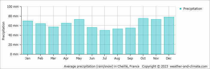 Average monthly rainfall, snow, precipitation in Cheillé, France