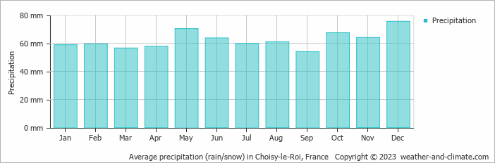 Average monthly rainfall, snow, precipitation in Choisy-le-Roi, France