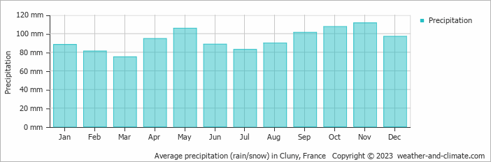 Average monthly rainfall, snow, precipitation in Cluny, 