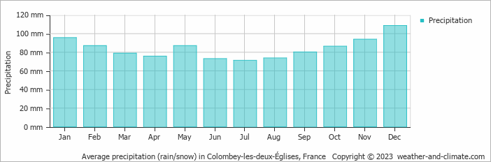 Average monthly rainfall, snow, precipitation in Colombey-les-deux-Églises, France