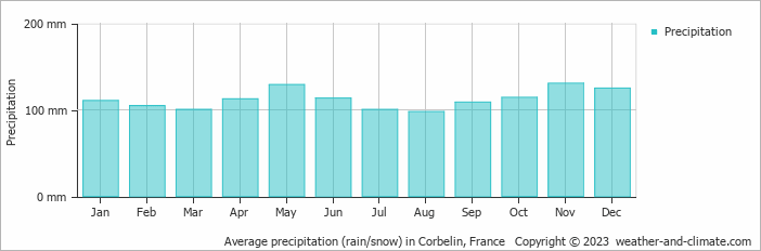 Average monthly rainfall, snow, precipitation in Corbelin, France