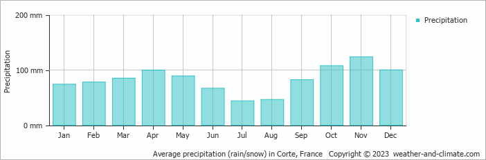 Average monthly rainfall, snow, precipitation in Corte, France