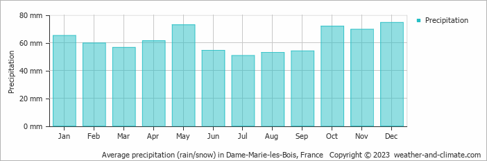 Average monthly rainfall, snow, precipitation in Dame-Marie-les-Bois, 