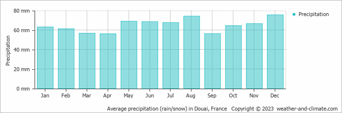 Average monthly rainfall, snow, precipitation in Douai, France