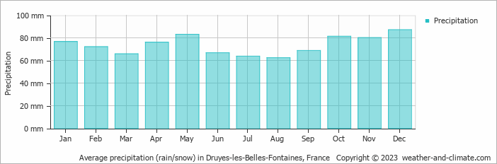 Average monthly rainfall, snow, precipitation in Druyes-les-Belles-Fontaines, France