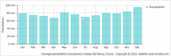 Average monthly rainfall, snow, precipitation in Essey-lès-Nancy, France