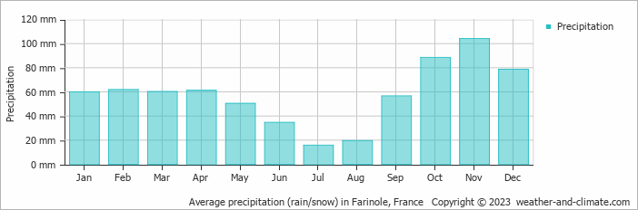 Average monthly rainfall, snow, precipitation in Farinole, France