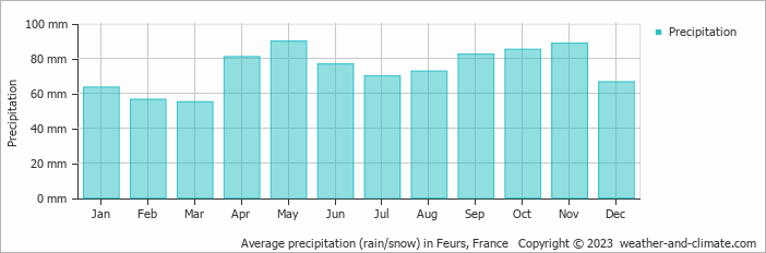 Average monthly rainfall, snow, precipitation in Feurs, France