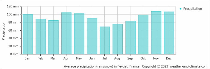 Average monthly rainfall, snow, precipitation in Feytiat, 