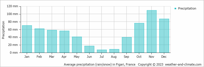 Average monthly rainfall, snow, precipitation in Figari, France