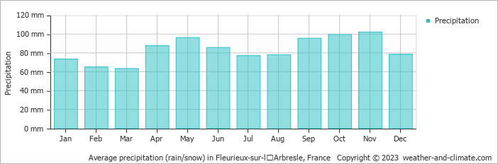 Average monthly rainfall, snow, precipitation in Fleurieux-sur-lʼArbresle, France