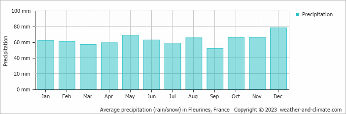 Average monthly rainfall, snow, precipitation in Fleurines, France