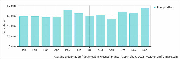 Average monthly rainfall, snow, precipitation in Fresnes, France