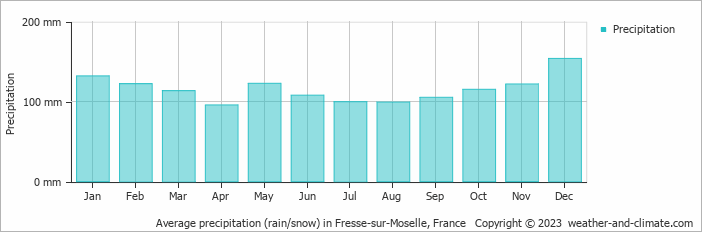 Average monthly rainfall, snow, precipitation in Fresse-sur-Moselle, 