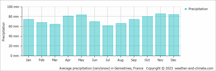 Average monthly rainfall, snow, precipitation in Gennetines, France