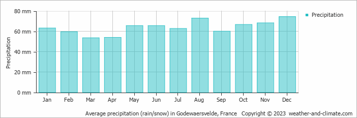Average monthly rainfall, snow, precipitation in Godewaersvelde, France