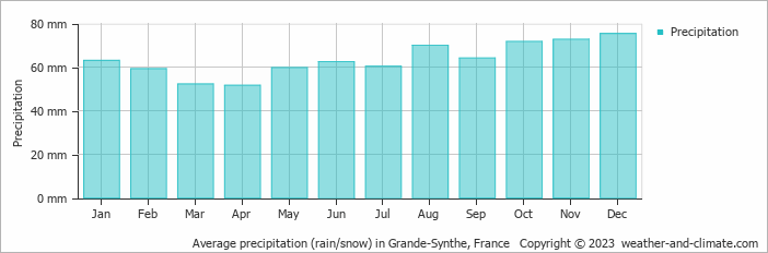 Average monthly rainfall, snow, precipitation in Grande-Synthe, France
